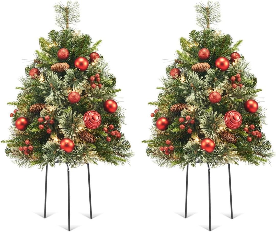 2 Pack Outdoor Christmas Tree Urn Filler Small, 30 Inch Pre-lit Artificial Xmas Tree w/ 50 LED Lights and Realistic Carolina Pine for Pathway, Porch, Driveway, Yard (Red)