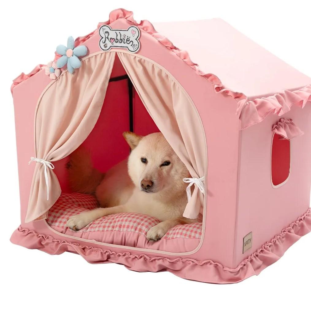 Jiupety Indoor Dog House with Frame, Cute Dog Tent Bed with Cover Cave, Breathable, Washable, and Foldable House, Suitable for 20-40 Lb, Large (25"×25"×25"), Pink