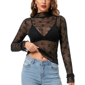 2 x Women's Lace Tops Mesh Sheer Long Sleeve See Through Undershirt (Black, L)
