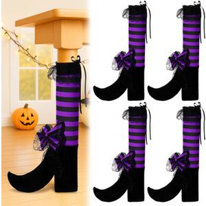 4 Pack Halloween Witch Legs Decor Witch Striped Table Leg Stocking Chair Leg Covers for Halloween Parties(Black,Purple)