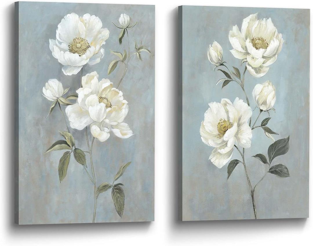 Color Play Flower Canvas Abstract Wall Art: 2 Pieces White Floral Prints Artwork Vintage Peony Bouquet Botanical Painting Picture for Bedroom Living Room Bathroom Home Office, 24"L x 16"W x 2
