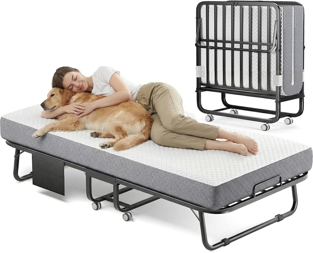 Decofy Folding Bed with Memory Foam Mattress, Portable Rollaway Guest Beds on Wheels, 75"x31" Twin Size Space-Saving Cot-Size Bed for Adults with Easy Assembly Metal Frame (White) (31inch)