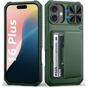 BXYJY for iPhone 16 Plus Wallet Case, Built-in Credit Card Holder (4-5 Cards), Slide Camera Cover, Military Drop & RFID Protection, Rugged Heavy Duty Women Men Phone Case for iPhone 16 Plus, Green