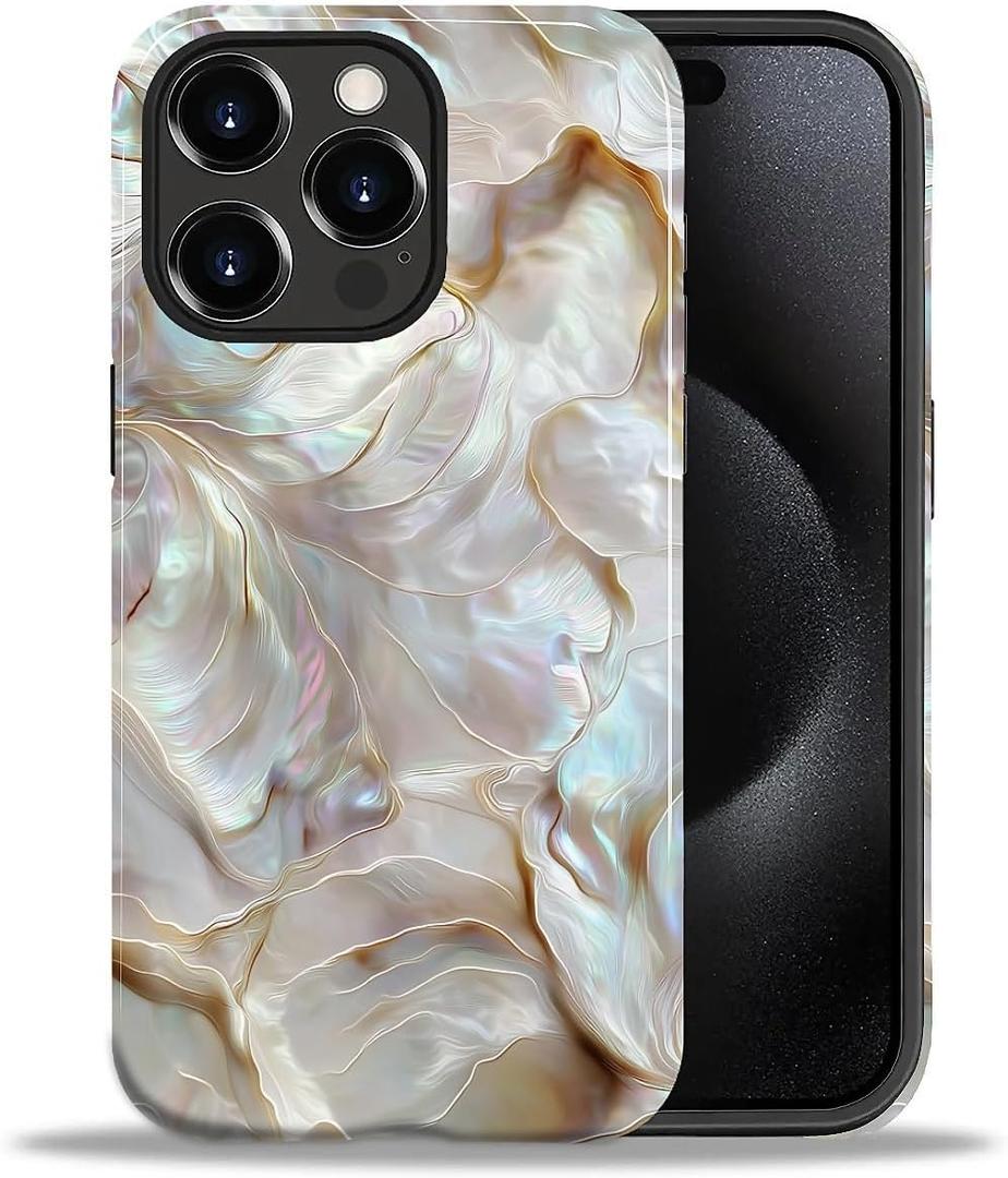 CARLOCA Case for iPhone 15 Pro,White Gold Abalone Shell Design - Hybrid Dual Protection Soft TPU + Hard PC, Shockproof Anti-Scratch Cover Men Women Girl Stylish Phone Case