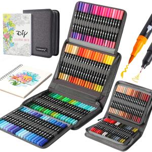120 Colors Duo Tip Brush Markers Art Pen Set,LANRENWENG Fine Brush Tip Colored Pens Set with Canvas Bag,Markers for Adult Coloring Books Drawing Sketching Note taking Lettering Calligraphy