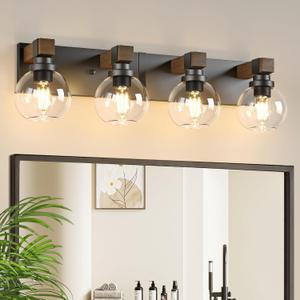 Farmhouse Bathroom Vanity Light Fixtures, 4-Light Wood Bathroom Light Fixtures Over Mirror, Rustic Sconces Wall Lighting with Glass Shade for Living Room, Bedroom, Hallway (Black)
