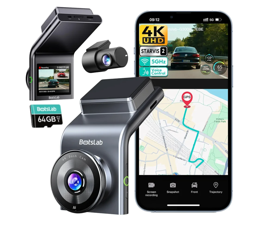 BOTSLAB 4K Dash Cam Front and Rear, STARVIS 2 Sensor, Voice Control, 64GB Card Included, 5GHz WiFi Dashcam Front and Rear Camera, Built in GPS, WDR Night Vision, 170°Wide Angle, 24H Parking Mode