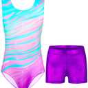 Nymphperi Girls Gymnastics Leotards Size 5-6 Years Old Purple Zebra Tumble Outfits with Shorts
