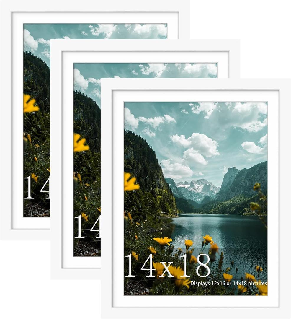 14x18 White Picture Frame, Poster Frame for Wall, 3 Pack | Fits 12x16 Photos With Mat or 14x18 Without Mat, Vertical or Horizontal Wall Mount, Artwork, Gallery Wall & Home Decor