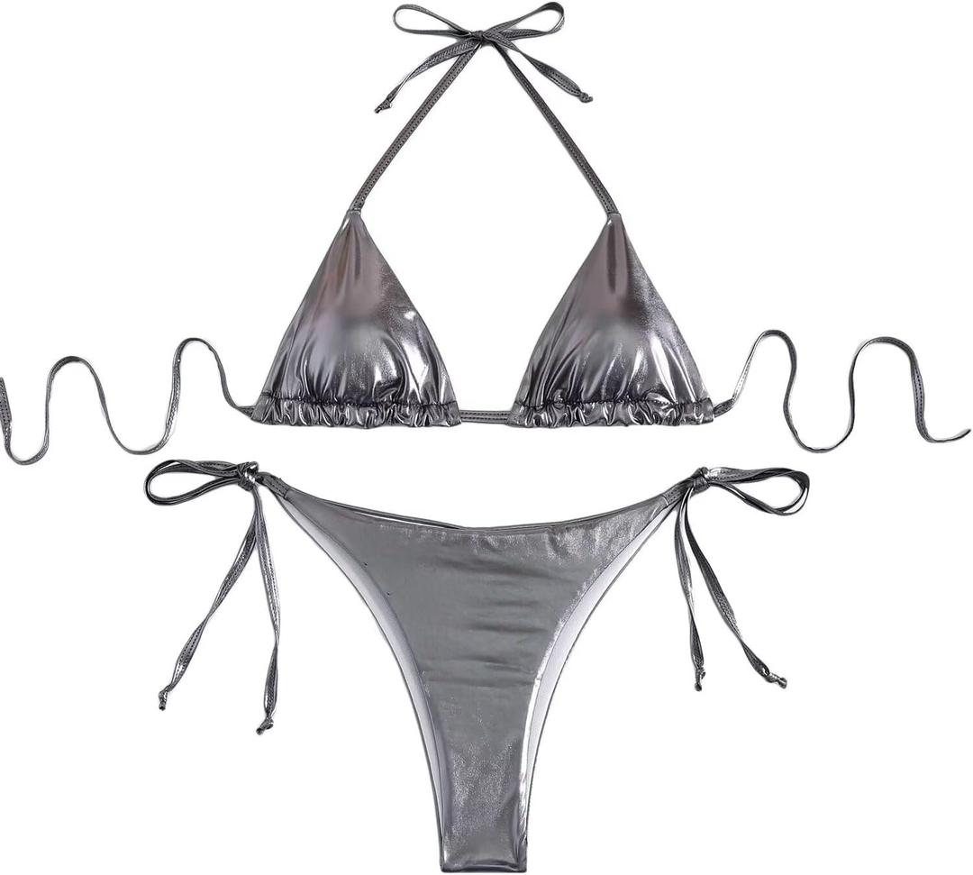 Women's Metallic Shiny Bathing Suit High Waisted Triangle Tie Side Swimsuit Bikini Set (S, Gray)