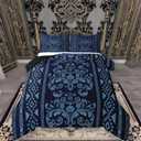 Comforter Set Queen Size,Navy Blue Aztec Damask 3 Pcs Bedding for Kids and Adults,Western Bohemian Baroque Goth Floral Victorian Comforter Sets with No Fitted Sheet 2 Pillowcases for Bedroom Bed Decor