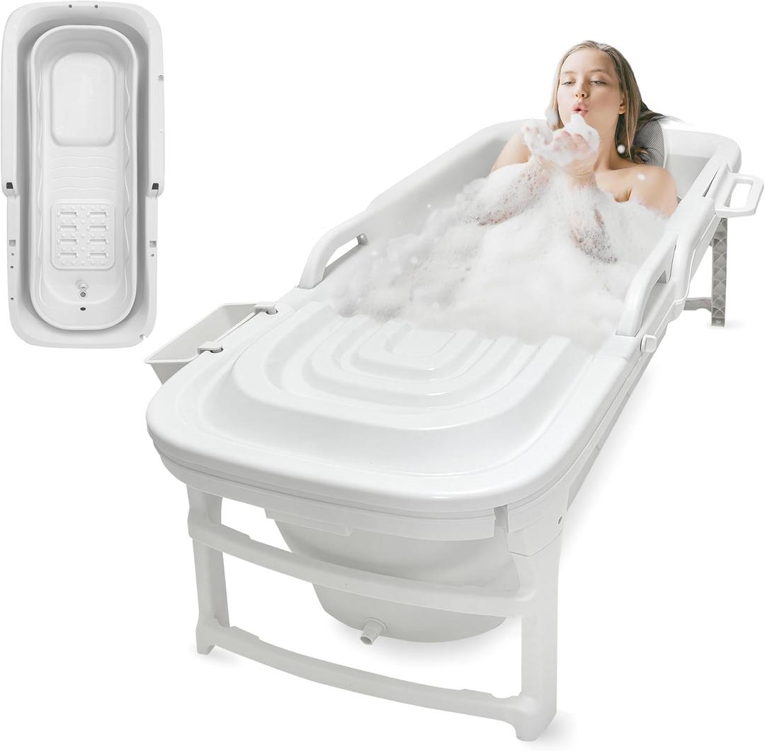 SereneLife Freestanding Portable Bathtub Spa Set  Large 59" Foldable Bath, Cushion, Stretchable Drain Pipe, Massager Rollers, Cleaning Spray & Storage Bag