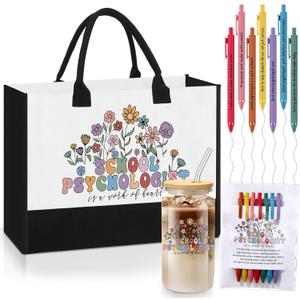 LemonRoad 11 Pcs School Psychologist Gifts Canvas Tote Bag 17 oz Glass Cup 7 Days of The Week Pens Inspirational Positive Daily Affirmation Ballpoint Pens with Card for Women Teacher Week Graduation