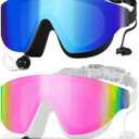 Swim Goggles 2 Pack, Rimless Wide View Swimming Goggles for Adult, Anti-Fog UV Leaking Pool Goggles for Men Women (Blue & Pink)