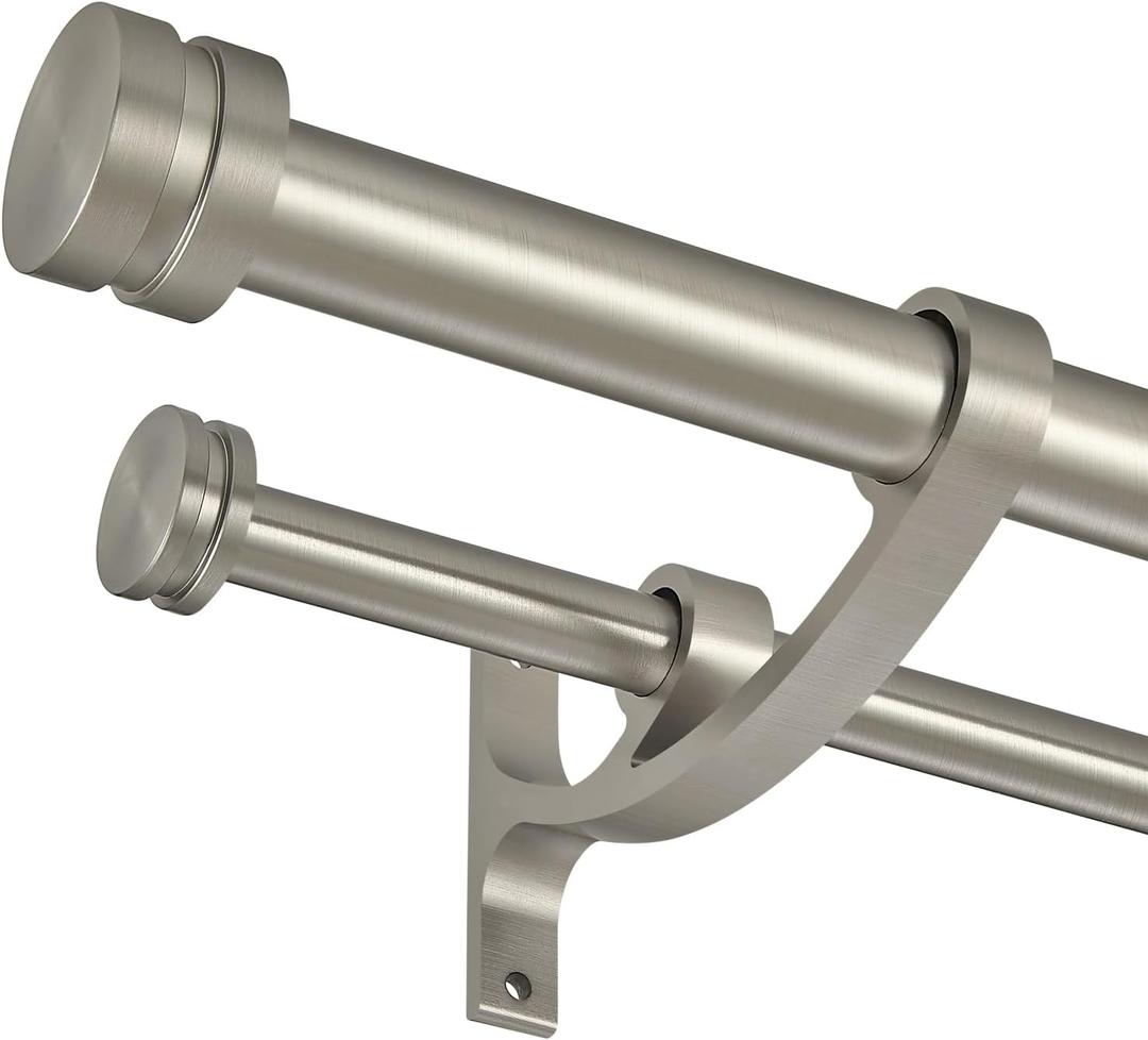 Double Drapery Curtain Rods, 72-144 Telescoping Curtain Rod with 1inch large rod and 5/8inch small rod, Modern Round Style Finials, Matte Nickel