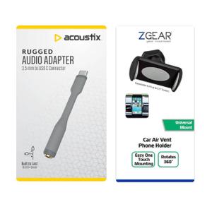Set of 2, ACOUSTIX RUGGED AUDIO ADAPTER 3,5mm to USB C Connector And ZGEAR Car Air Vent Phone Holder