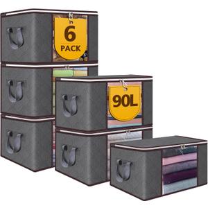 90L Large Storage Bags,6 Pack Foldable Clothes Storage Bins,Closet Organizers Storage Containers Durable Handle Thick Fabric For Bedding,Clothing, Blanket, Pillows and Toys,Grey