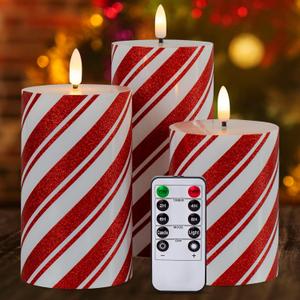 Red Stripe Flameless Pillar Candles with Timer, Real Wax Flickering Battery Operated Candles for Christmas Holiday Home Decor, Set of 3 (D3 x H4 5" 6")