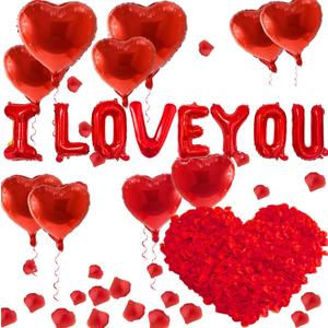 I Love You Balloons and Heart Balloons with 500 Pieces Rose Petals, Foil Mylar Love Balloon for Him/Her Wedding Anniversary Engagement Valentine Day Romantic Decorations Special Night Party Supplies