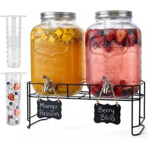 DD&HAPP 2 Gallon Glass Drinks For Parties With Stand.Stainless Steel Spigots & Metal Stand,Large Capacity Beverage Dispenser for Party,Infused Water,Iced Tea,Lemonade,Outdoor,Commercial Use.