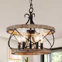 Farmhouse Wood Chandelier Light Fixture, 16 Inch Dining Room Light Fixture Over Table, 5-Light French Country Rustic Industrial Drum Chandelier for Kitchen Dining Room Entryway, wood-2