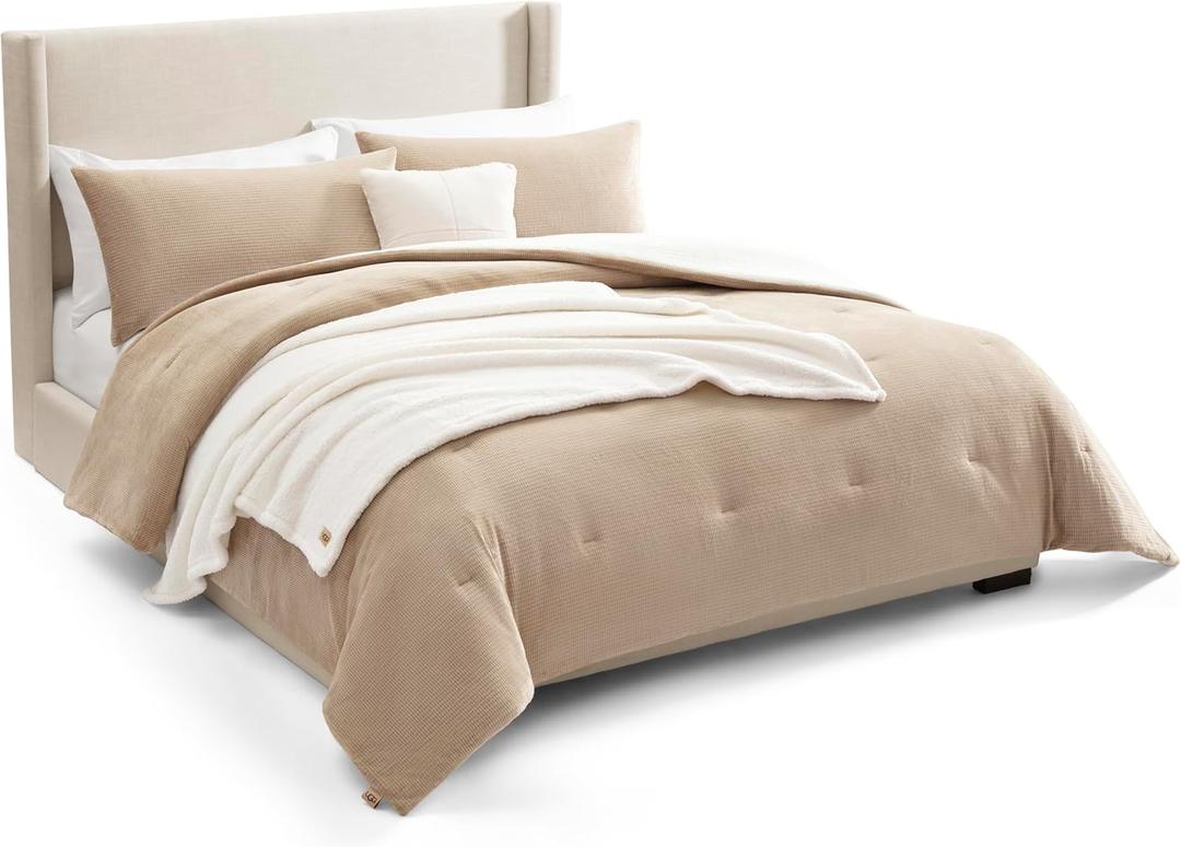 UGG Remina Comforter Set 5 Piece Bed in a Bag with Throw Blanket, Decorative Pillow, Shams, and Reversible Comforter Hypoallergenic Washable Luxury Plush Warm Fluffy Bedding Set, King, Brown Birch (Beige)