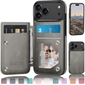 DJDUCK Designed for iPhone 17 Pro Case Wallet with Card Holder, [Magnetic Clasp Cover] [RFID Blocking Leather Protection] Shockproof Women Men Cases 6.3 Inch for Apple 17 Pro Grey