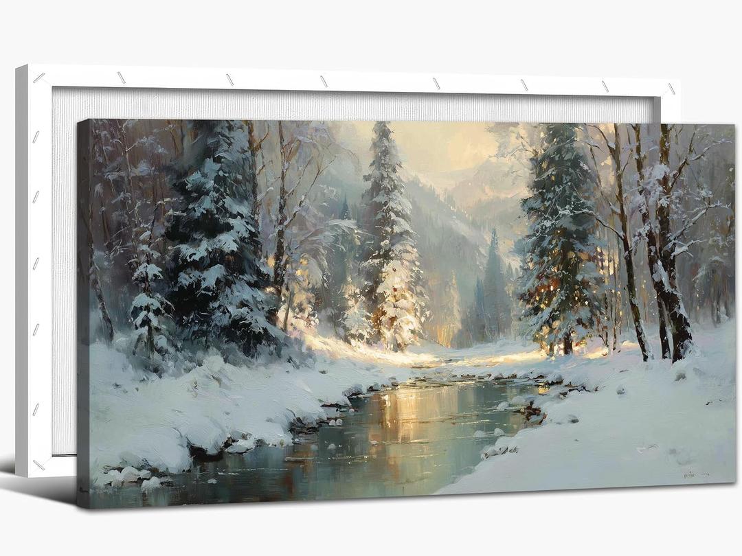 TEPAKIHI Winter Landscape Canvas Wall Art for Living Room Bedroom, Snowy Mountain River Nature Painting Framed Artwork Home Decor Ready to Hang (48L" x 24W")