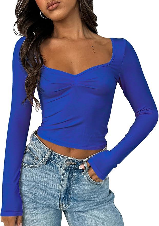 ForeFair Women's Sexy Long Sleeve Going Out Tops Pleated Bustier Shirt Cute Sweetheart Neck Y2K Cropped Top (Blue, Size S )