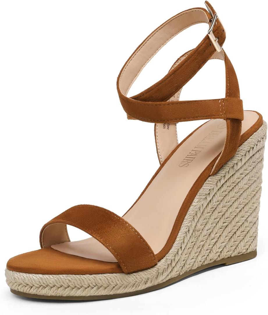 DREAM PAIRS Womens Open Toe Espadrilles Dressy Platform Sandals Buckle Ankle Strap Stylish Wedges Sandals (10, Tan/Suede)