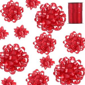 25 Pcs Gift Bows Assortment - 3 Size Gift Bowsand 1 Crimped Curling Ribbons, Perfect for Christmas, Holiday，Birthdays, Weddings, Baby/Bridal Showers, Party (Red)