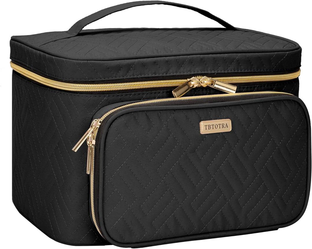 Travel Cosmetic Organizer Bag - Large Makeup Case with Jewelry Storage, Waterproof Toiletry Box for Cosmetics, Brushes, and Tools, Black (Single-Layer)