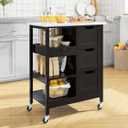YITAHOME Small Solid Wood Top Kitchen Island Cart on Wheels with Storage, Rolling Portable Dining Room Serving Utility Carts Mobile Movable with 3 Drawers Cabinet, Dark Brown