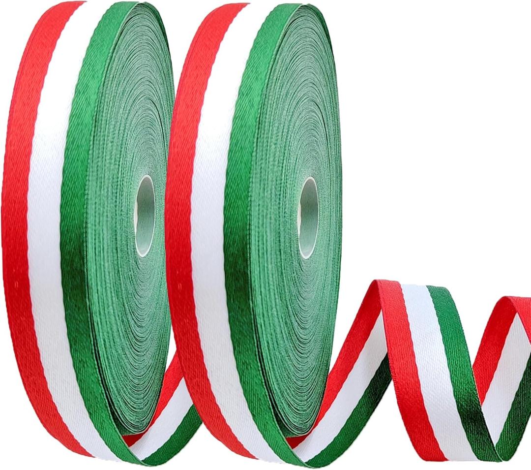 Voya 2Pcs Green/White/Red Ribbon - Ribbon for Crafts and Decorations, Vibrant Colors & Durable, Perfect for Fiesta Parties, Parades, and DIY Projects (Red/White/Green, 7/8"-50 Yds)