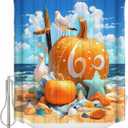 Autumn Pumpkin Shower Curtain Summer Beach Starfish Seagull Waterproof Shower Curtain with Hooks Seasonal Thanksgiving Fall Shower Curtains for Bathroom, Hotel, Stalls, Bathtubs, 72x72 Inch (Orange Blue)