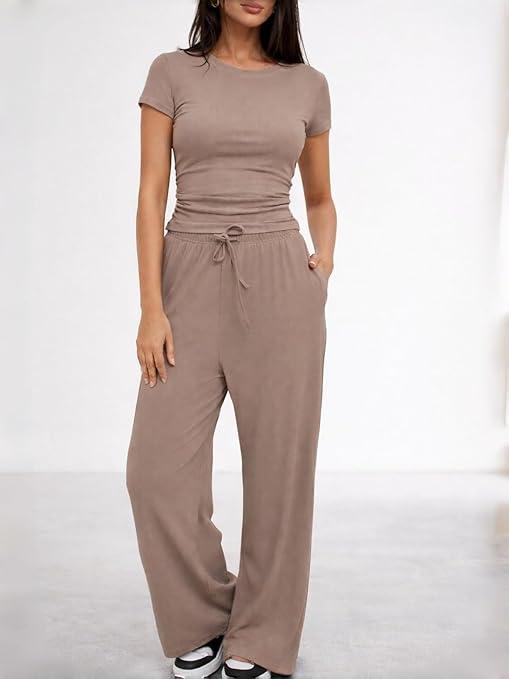 Women Set Pleated Short Sleeve Top Wide Leg Pants Loose Fit Matching Set Casual Lounge Travel Workwear,Size Medium