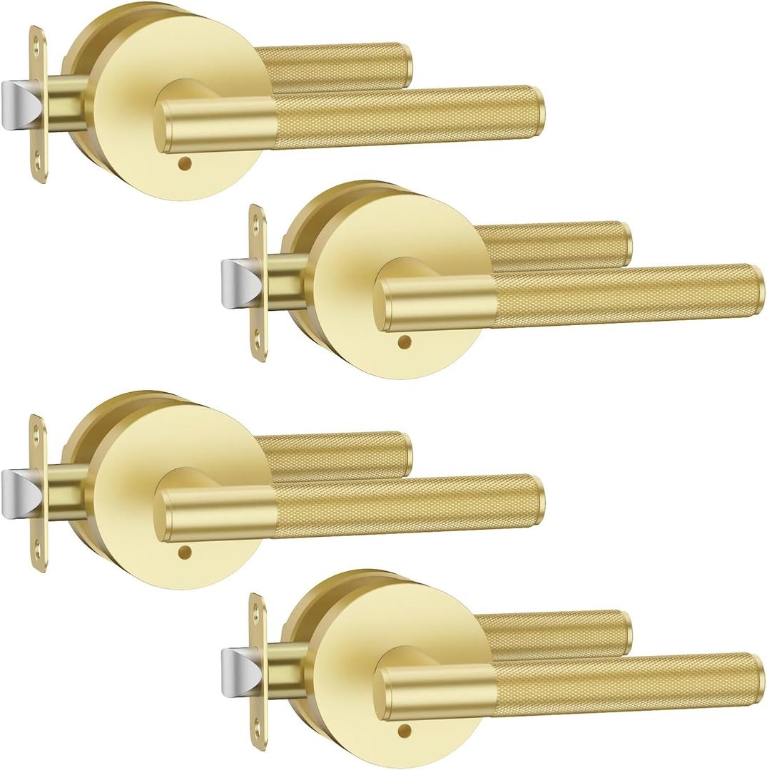 Asidrama 4 Pack Privacy Gold Door Handles, Door Lever with Door Knobs Indoor for Bedroom or Bathroom, Heavy Duty Brushed Gold Door Handles Interior with Locks for Left Right Sided Doors