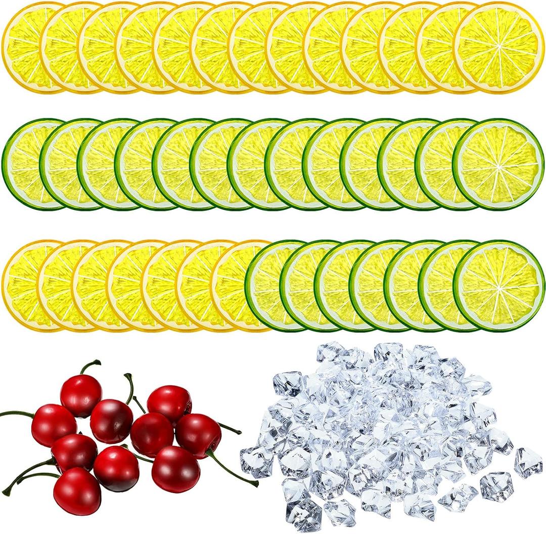 130 Pieces Lemon Slice Ice Cubes Set - 20 Simulation Lemon Slices, 100 Acrylic Ice Cubes, 10 Artificial Cherries for Wedding Kitchen Decoration