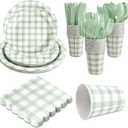 168Pcs Gingham Party Supplies for 24 Guests Thick Paper Plates and Napkins Knives Spoons Forks Cups Disposable Party Set Cutlery for Dinner Baby Shower Wedding Favor(Sage Green)