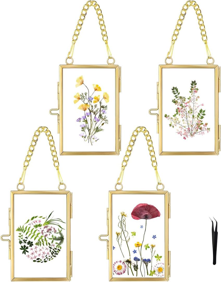 FOCHIER F 4 Pcs Pressed Flower Frame with Tweezers, Wall Hanging Tabletop Display Double Glass Frames with Metal Chain for Pressed Dried Flowers Plants, Horizontal and Vertical Picture Frame, Gold, FRAMES ONLY