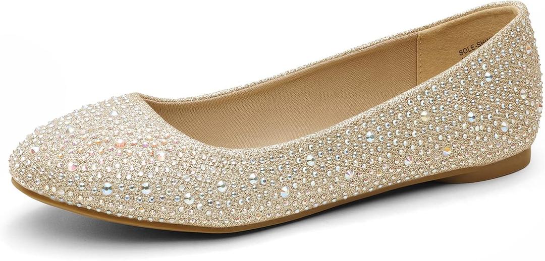 DREAM PAIRS Women's Sole-Shine Rhinestone Ballet Flats Shoes (8, Gold)