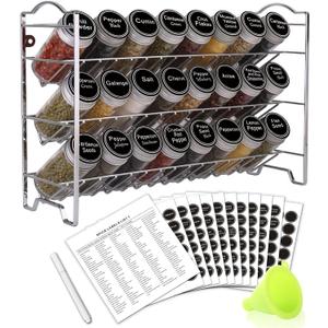 SWOMMOLY Spice Rack Organizer with 24 Empty Round Spice Jars, 396 Spice Labels with Chalk Marker and Funnel Complete Set, Spice Rack for Cabinet, Countertop or Wall Mount, Silver