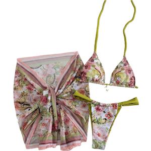 RoseSeek Women's 3 Piece Floral Bikini Sets Halter Bras and Thongs with Tie Front Skirts Summer Beachwear, Multicolor M