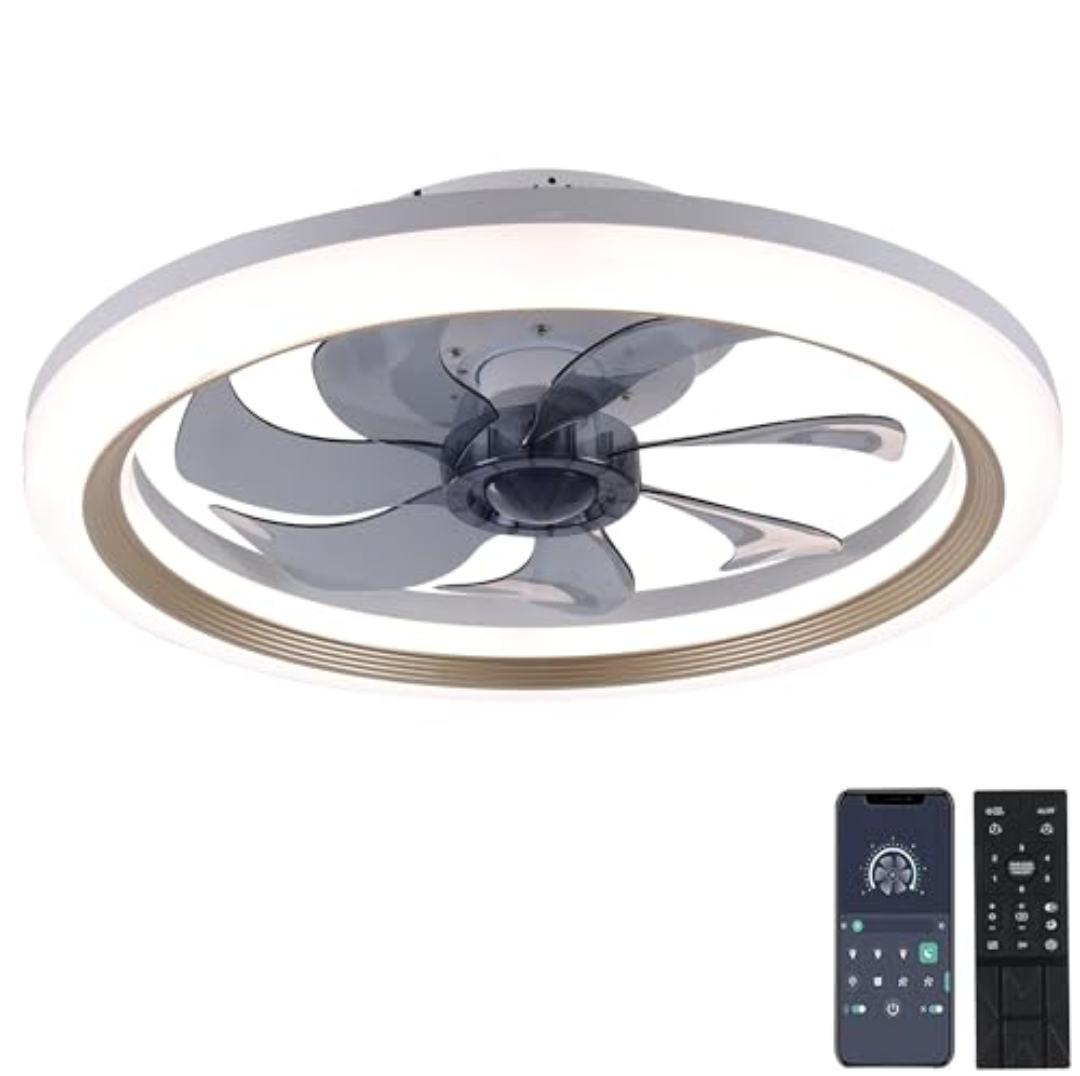 OurEDee 20'' Ceiling Fan with Lights & Remote, Low Profile, 6 Wind Speeds, Dimmable Light, Modern White Flush Mount, Smart for Home (Black+Grey)