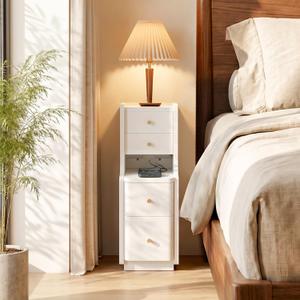 Narrow Nightstand with 4 Drawers, 7.9" Solid Wood Narrow Bedside Table White with Open Shelf & Cable Hole, Modern Night Stand Slim Bedside Table for Bedroom(Fully Assembly), 7.9" x 15.75" x 26.9"
