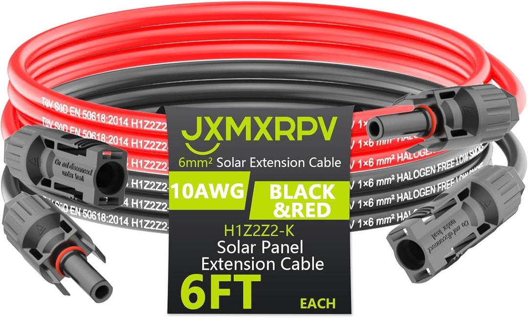 Solar Extension Cable 6.6Ft 10AWG, Solar Wire with Tool-Free Solar Connectors, Waterproof Solar Panel Extension Cable 6mm, PV Cable 10Gauge for Home Boat RV Solar Panels(6.6ft)