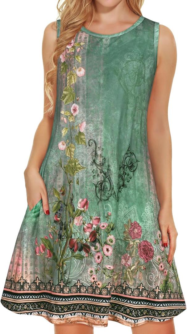 elescat Women's Summer Dresses 2026 Beach Casual Sleeveless Floral Print Tank Loose Sundress with Pocket (Green Flroal)