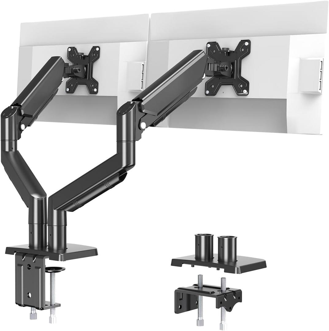 Dual Monitor Stand for 13 to 32 inch Screens, Gas Spring Monitor Arm with Swivel, Tilt, Rotation, Height Adjustable, Desk Mount with C-Clamp and Grommet Base, Each Arm Holds 4.4 to 19.8lbs Screen