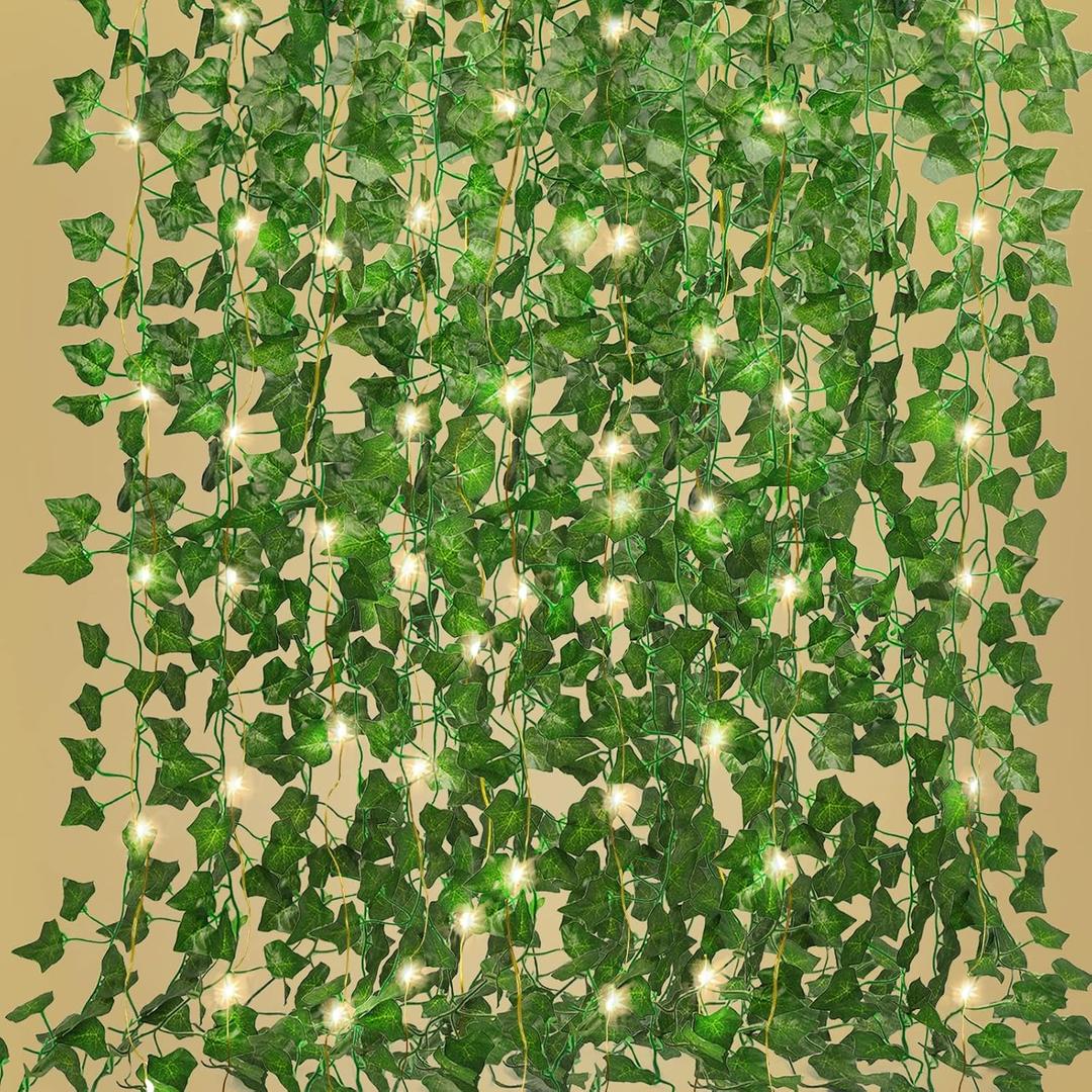 RECUTMS Ivy Fake Vines for Room Decor 12 Pack 86 FT Artificial Plant with 100 LED String Light Bedroom Aesthetic Hanging Greenery Garlands Backdrop Leaves for Wall Wedding Party Home Garden Decor