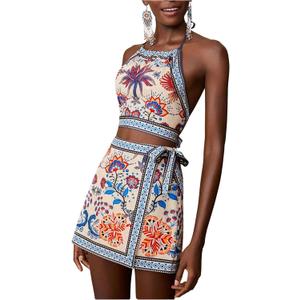 MakeMeChic Women's Boho 2 Piece Outfit Halter Backless Crop Tops and Wrap Skirt Skorts Travel Vacation Summer Set (M)
